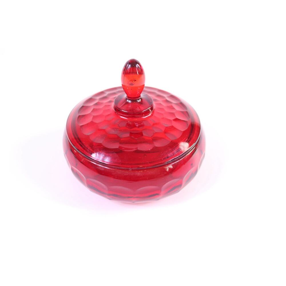 Vintage Viking Glass Georgian Ruby Red Honeycomb Candy Dish And Lid 6" Diameter